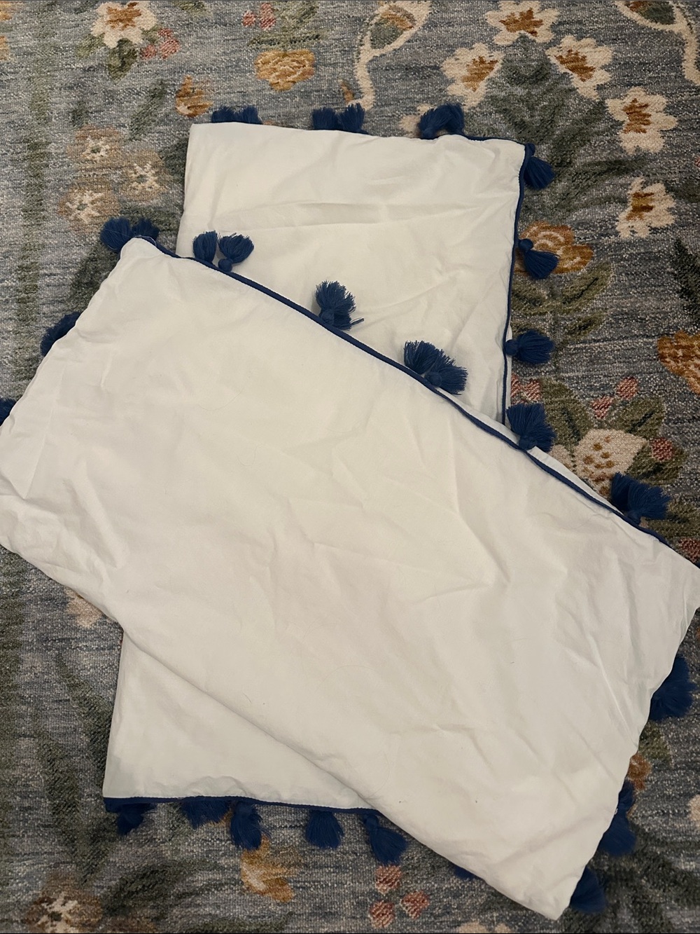 PBTeen Set of 2 Euro Shams White with Navy Tassels 100% Cotton